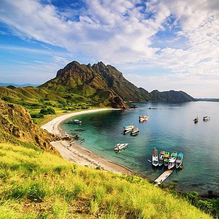 Komodo National Park landscape with islands and blue ocean in East Nusa Tenggara