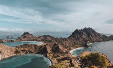 Komodo National Park landscape with islands and blue ocean in East Nusa Tenggara