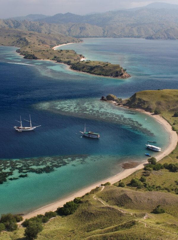 Komodo National Park landscape with islands and blue ocean in East Nusa Tenggara