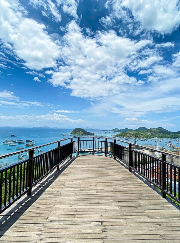 View from Puncak Waringin overlooking Labuan Bajo’s harbor and sunset
