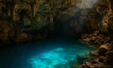Sunlit turquoise pool inside Rangko Cave in Labuan Bajo