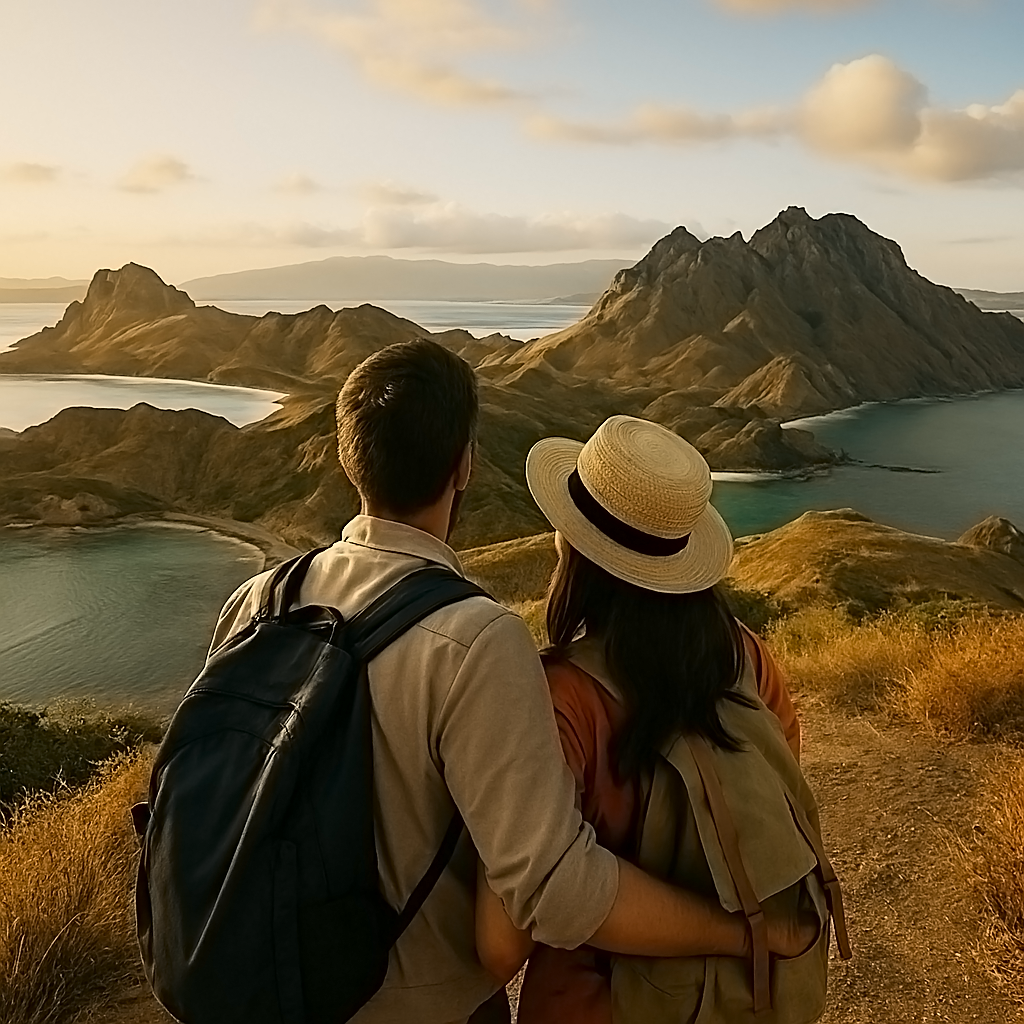 Happy family exploring scenic landscapes during a trip in Flores, Indonesia