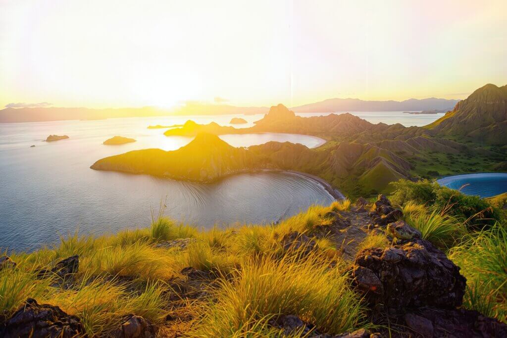 Komodo National Park landscape with islands and blue ocean in East Nusa Tenggara