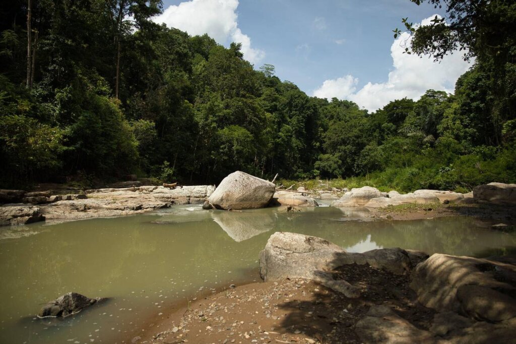 Emerald green river flowing between steep canyon walls at Cunca Wulang Waterfall in Flores