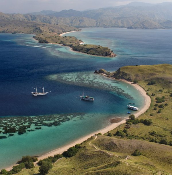 Komodo National Park landscape with islands and blue ocean in East Nusa Tenggara